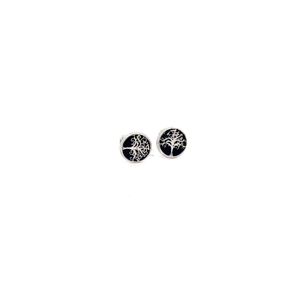 925 Sterling Silver Stud Tree of Life Black Earrings Small Screw Back